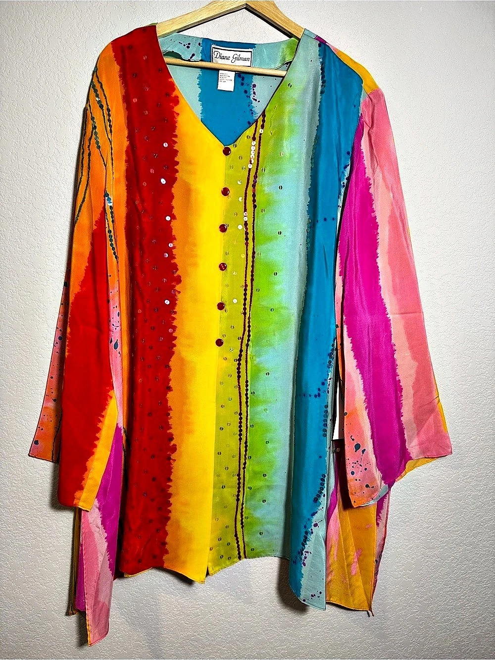 Diane Gilman 100% Silk Rainbow Sequin Embellished Tunic Blouse Top 3X NWT